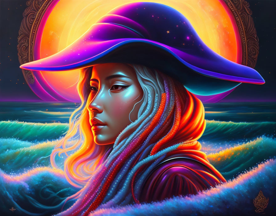 Colorful digital artwork of woman with cosmic hat by ocean & starry sky