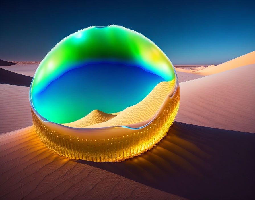 Futuristic glowing spherical structure on desert dune at dusk or dawn