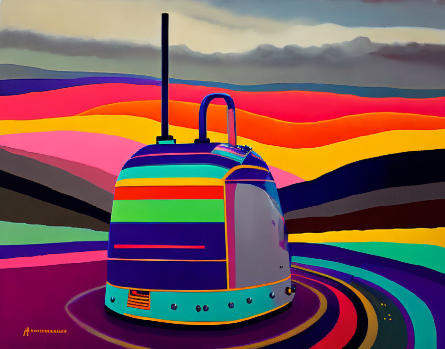 Colorful painting of kettle on vibrant abstract landscape with swirling patterns and bold stripes.