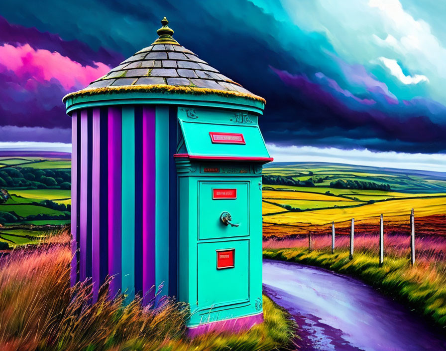Colorful Cartoon-Style Image: Striped Booth on Countryside Road