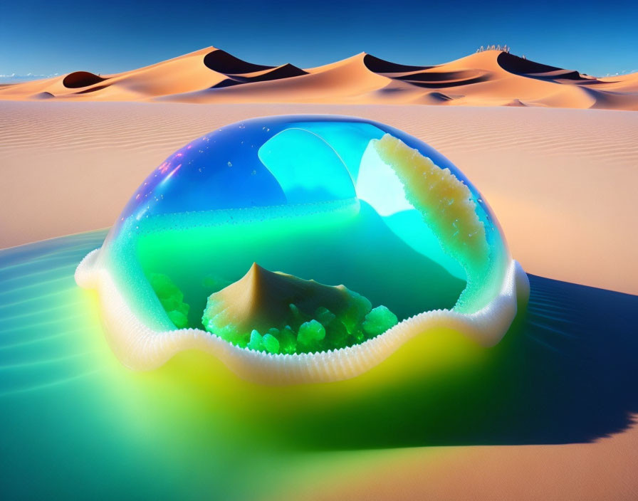 Iridescent bubble on desert sand dunes with green crystals and miniature dune