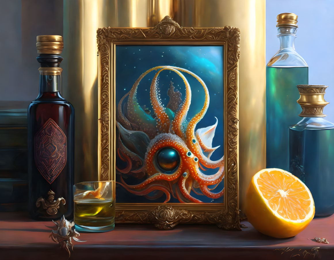 Still life with bottle, glass, orange slice, and octopus painting in gilded frame