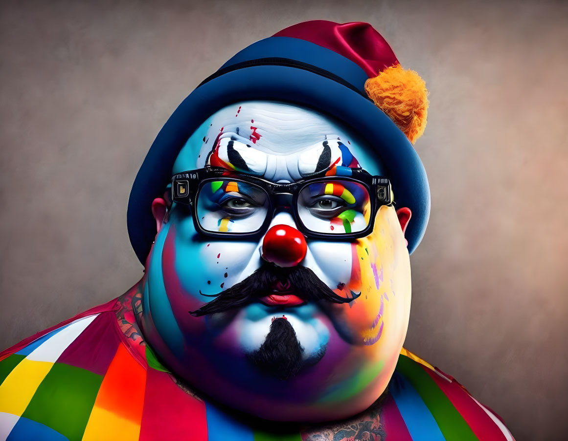 Colorful Clown with Face Paint, Glasses, and Propeller Hat on Muted Background