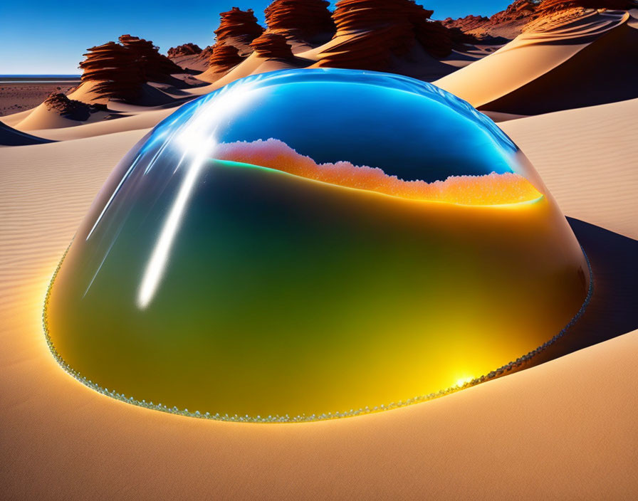 Surreal desert scene with giant reflective water droplet