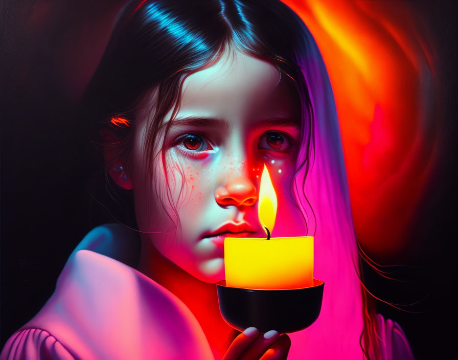 Somber girl holding bright candle with red and pink hues