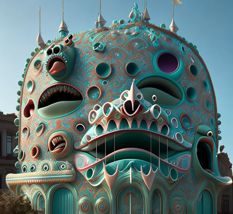 Fantastical monster-inspired building with multiple eyes, mouths, and aquatic textures against a blue sky