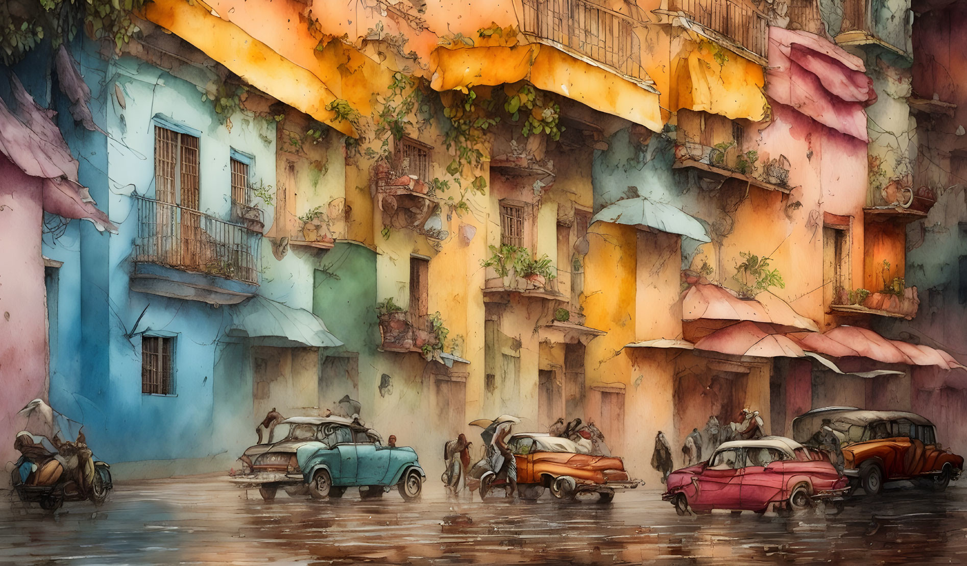 Colorful Watercolor Street Scene with Vintage Cars and Aged Buildings
