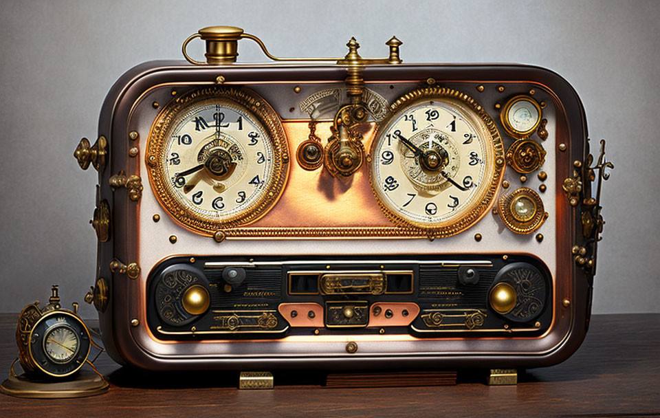 Steampunk-style radio with brass gears and dials on wooden tabletop
