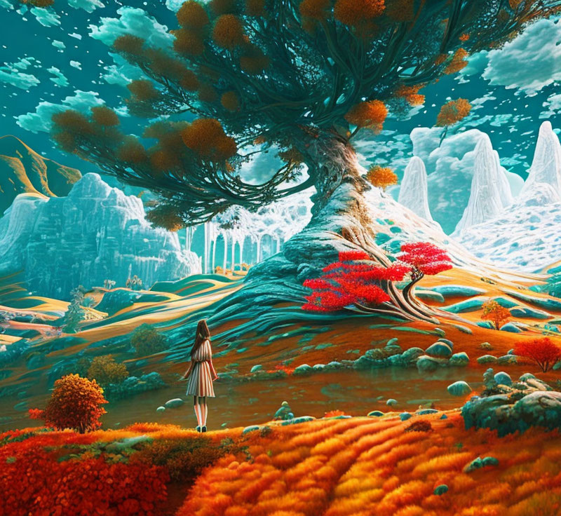 Vibrant fantasy landscape with colossal tree and surreal mountains