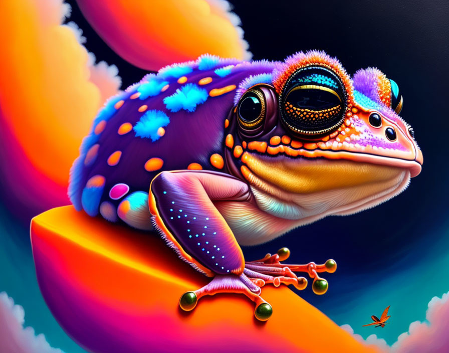 Colorful Stylized Frog Illustration Against Sunset Clouds