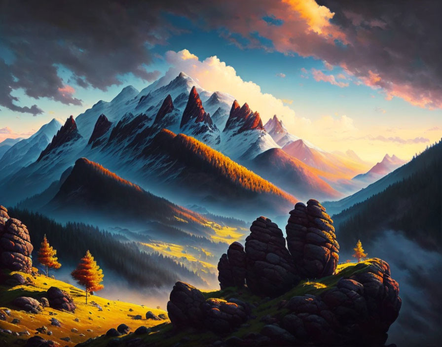 Majestic mountain range with sunlit peaks and autumn trees