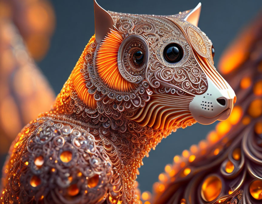 Highly detailed 3D-rendered ornate cat figurine in warm tones