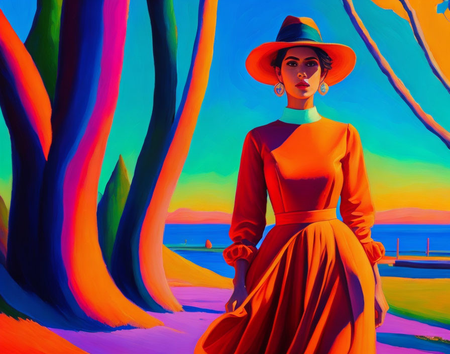 Colorful Portrait of Woman in Hat and Dress with Sunset Backdrop