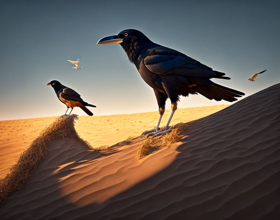 Two ravens perched on desert dunes, one larger, with small birds flying.