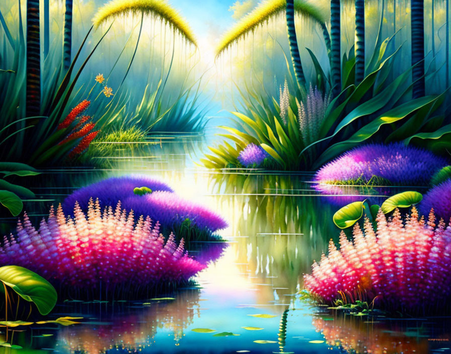 Mystical garden with reflective water and colorful plants