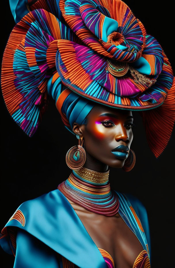 Colorful Makeup and Elaborate Headpiece with Matching Accessories on Model
