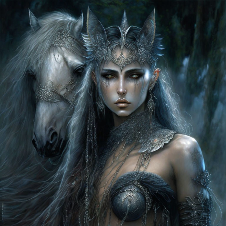 Fantasy-themed image of woman in silver armor with mystical horse in dark forest