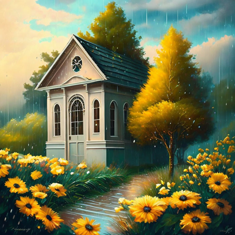 Charming house in greenery with yellow flowers under rain shower