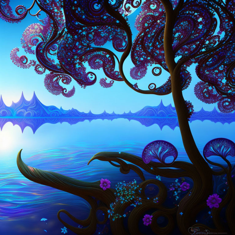 Whimsical digital artwork: Stylized tree with spiral branches and purple foliage on serene blue background