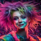 Colorful Hair and Glitter Makeup Portrait on Sparkling Bokeh Background