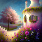 Blossoming tree and vibrant flowers by quaint building at sunset