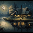 Enchanted night scene: cozy cottage, serene lake, glowing windows, boat, starry sky