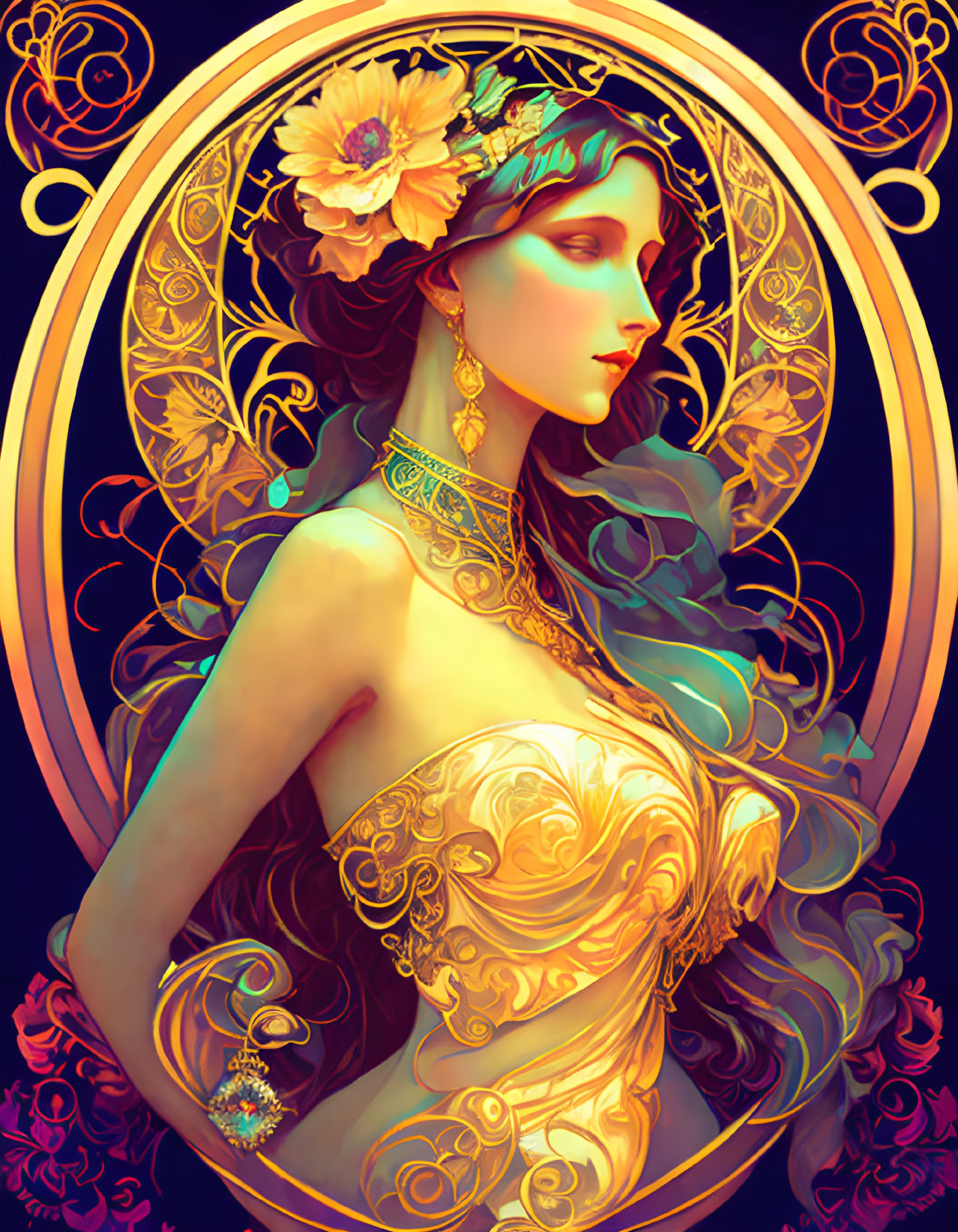 Art Nouveau Woman Illustration with Floral Headband and Butterflies