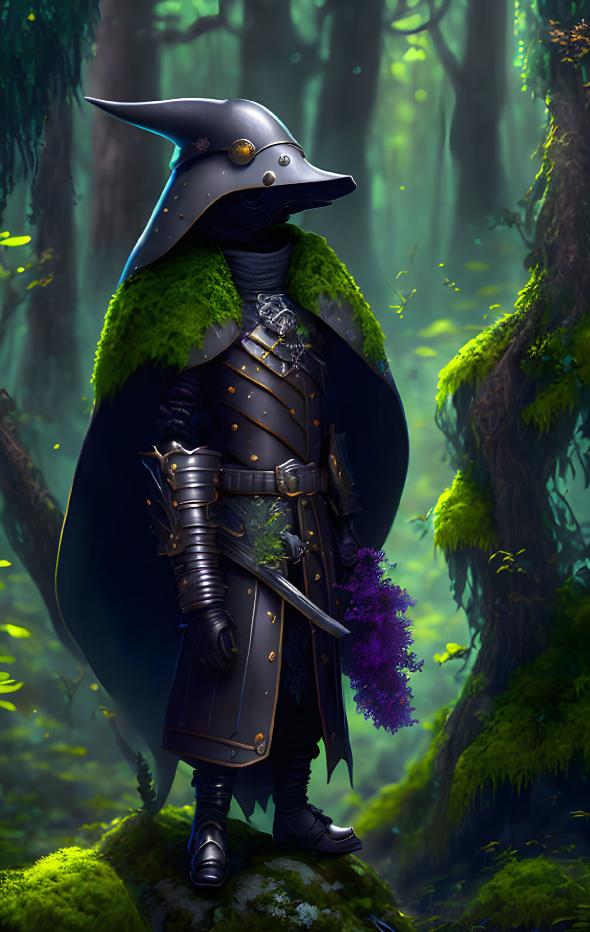 Mystical forest scene with plague doctor in traditional beaked mask