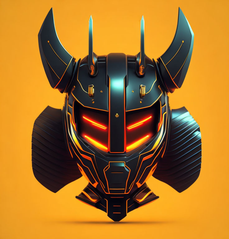 Futuristic stylized helmet with glowing red accents on orange background