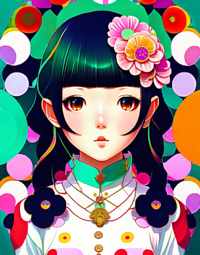 Vibrant illustration of a girl with black hair and flower in colorful geometric background