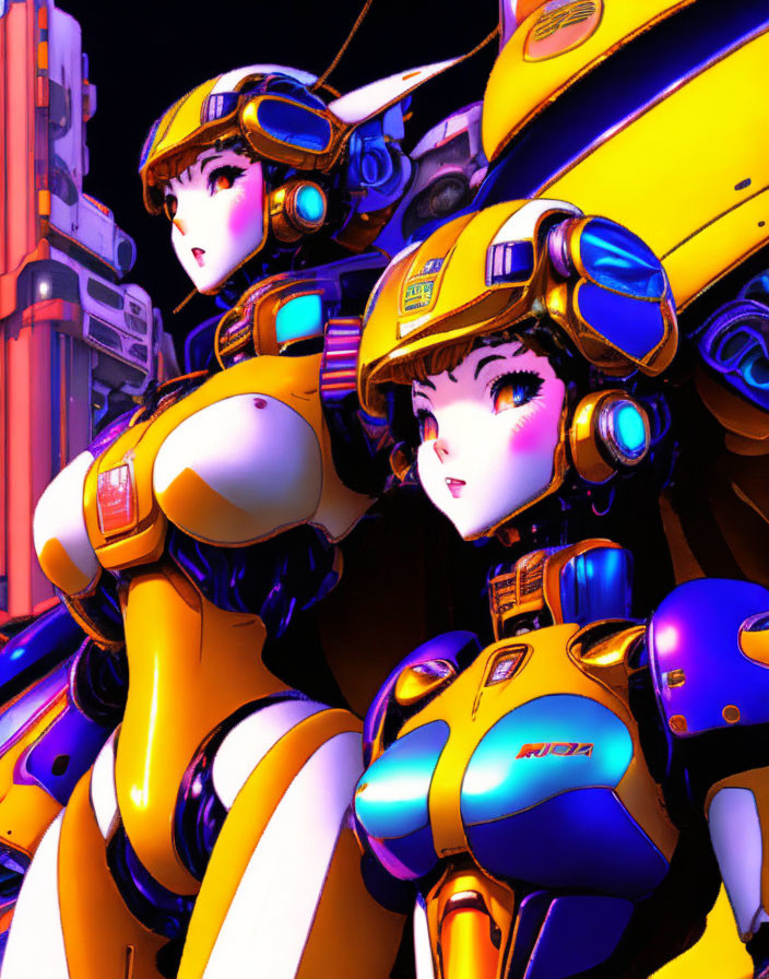 Futuristic robotic characters in yellow and blue armor suits on vibrant techno background