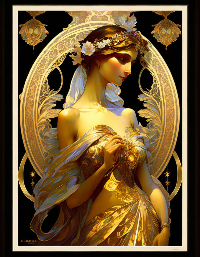 Woman with Floral Crown in Golden Fabrics and Art Nouveau Frame
