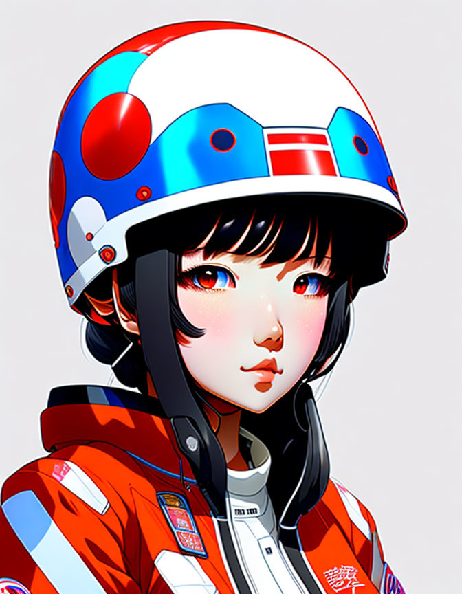 Stylized portrait of young woman in futuristic red and white helmet
