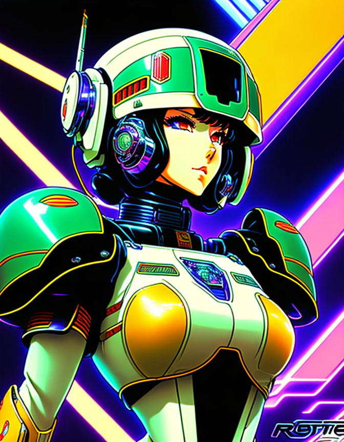 Futuristic female character in green and white space suit on neon-lit background