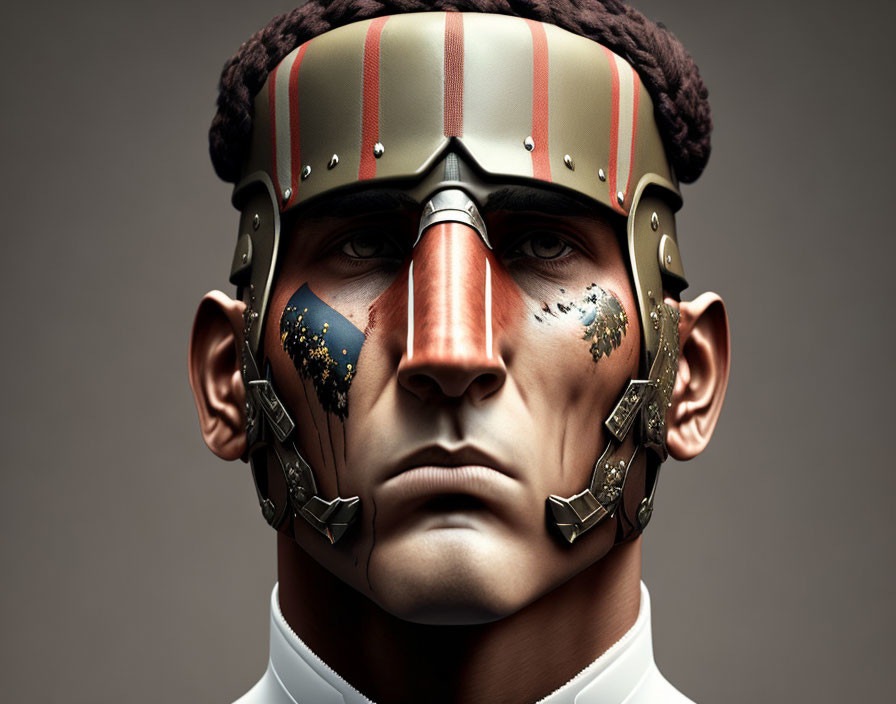 Futuristic digital artwork of a man with intricate helmet design