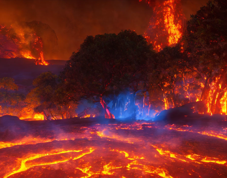 Intense volcanic landscape with molten lava, blazing trees, and vivid flames