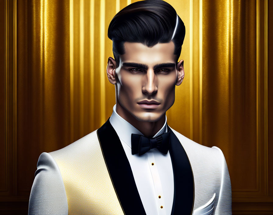 Stylish man in tuxedo with slicked-back hair on golden background
