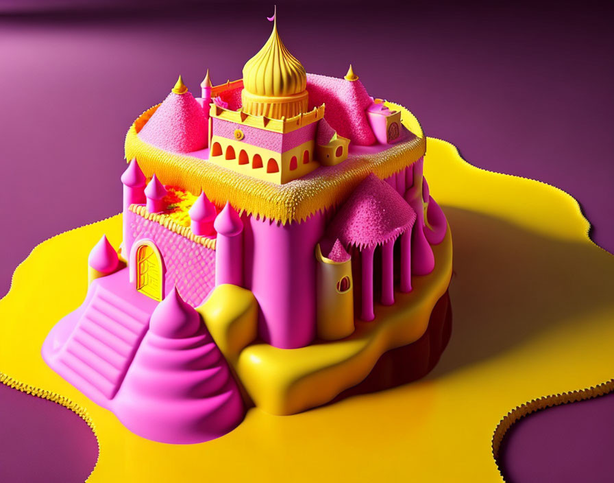 Whimsical 3D illustration of pink castle on isolated yellow landmass