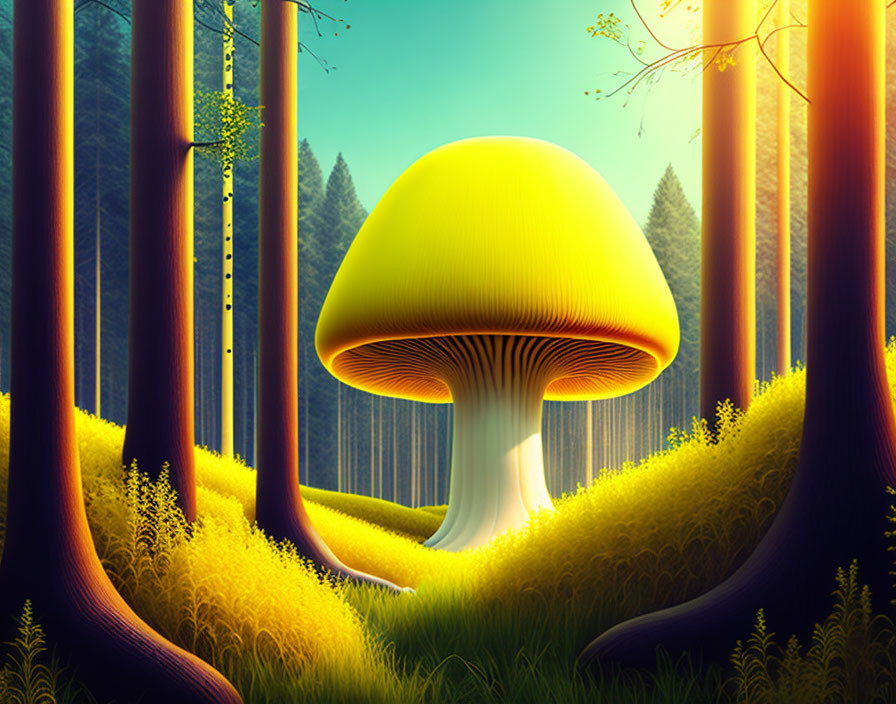 Fantasy landscape with giant yellow mushroom and tall trees in golden light