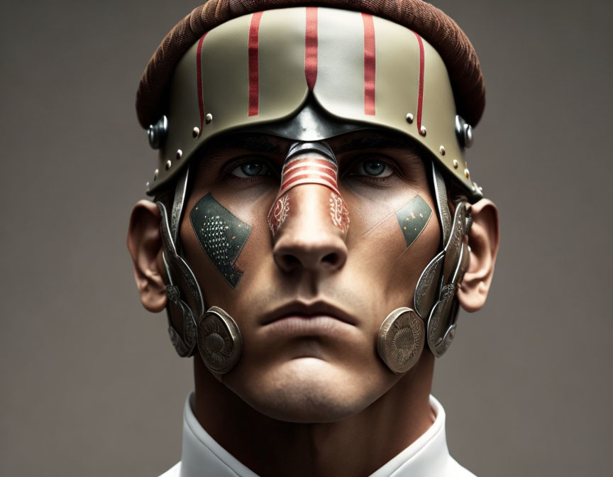 Futuristic warrior with metallic adornments and tribal facial patterns