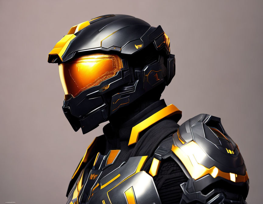Futuristic black and yellow armored helmet with glowing orange visor