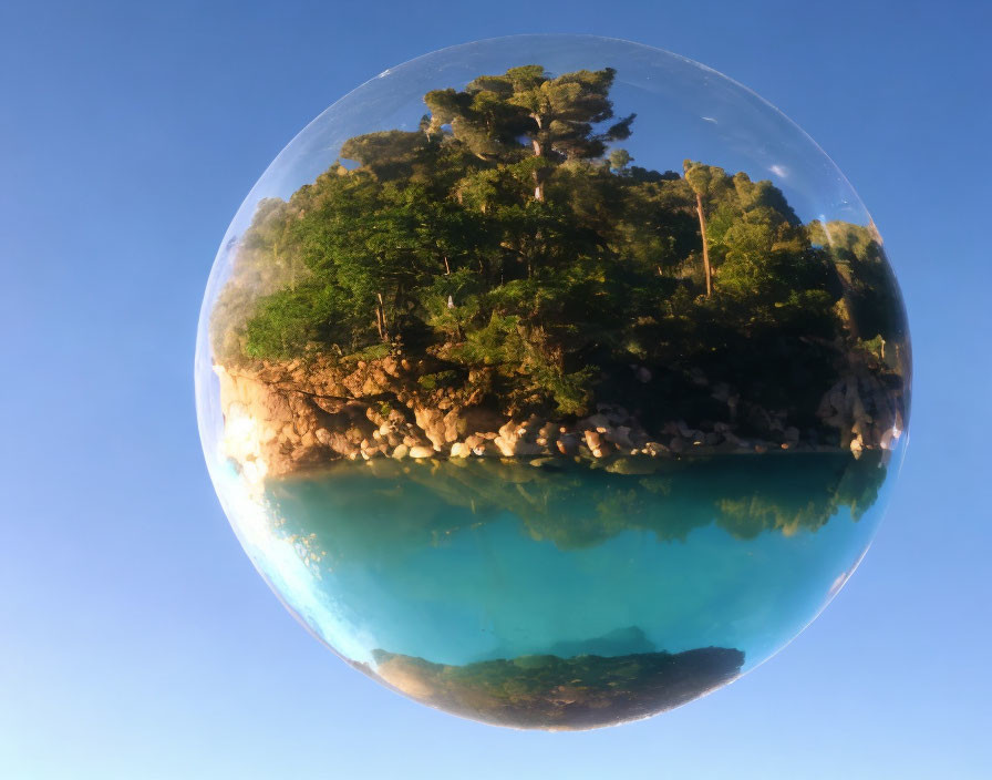 Spherical panoramic reflection of serene landscape with trees and clear water