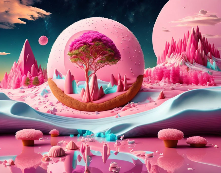 Surreal pink landscape with crystal formations and moon