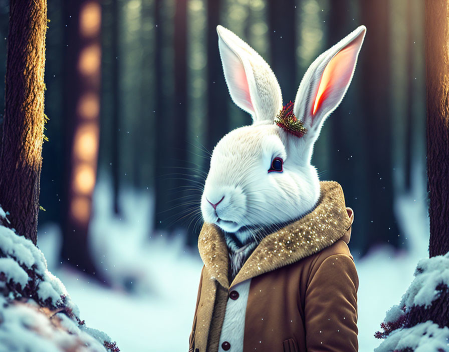 Rabbit with human-like features in coat in snowy forest