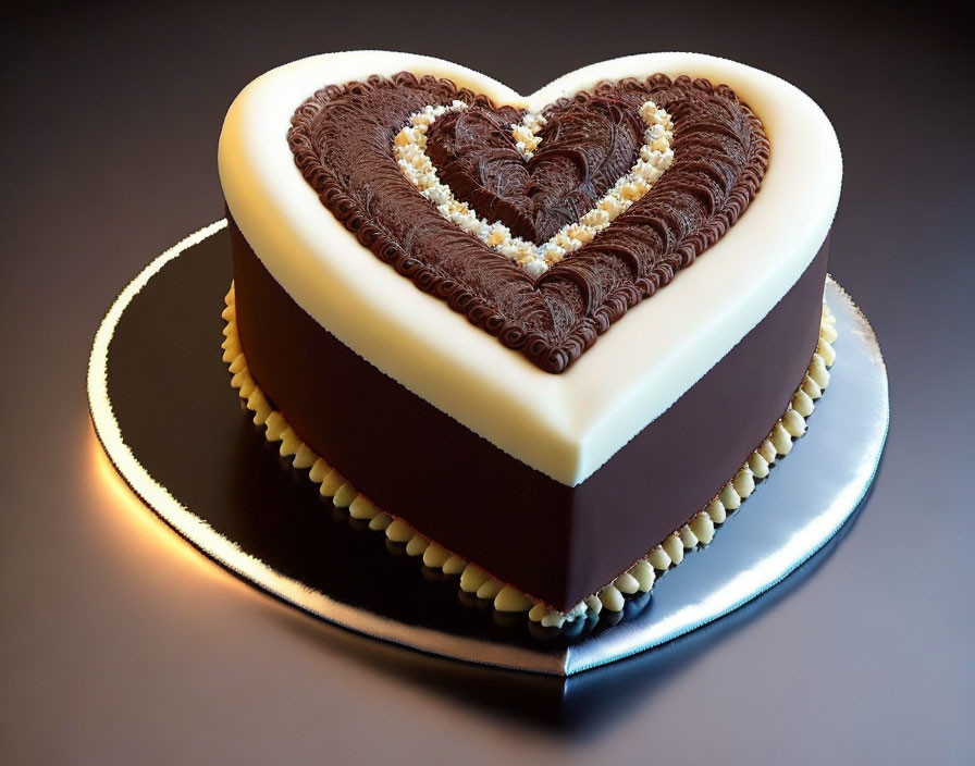 Heart-shaped chocolate cake with intricate heart piping on silver base