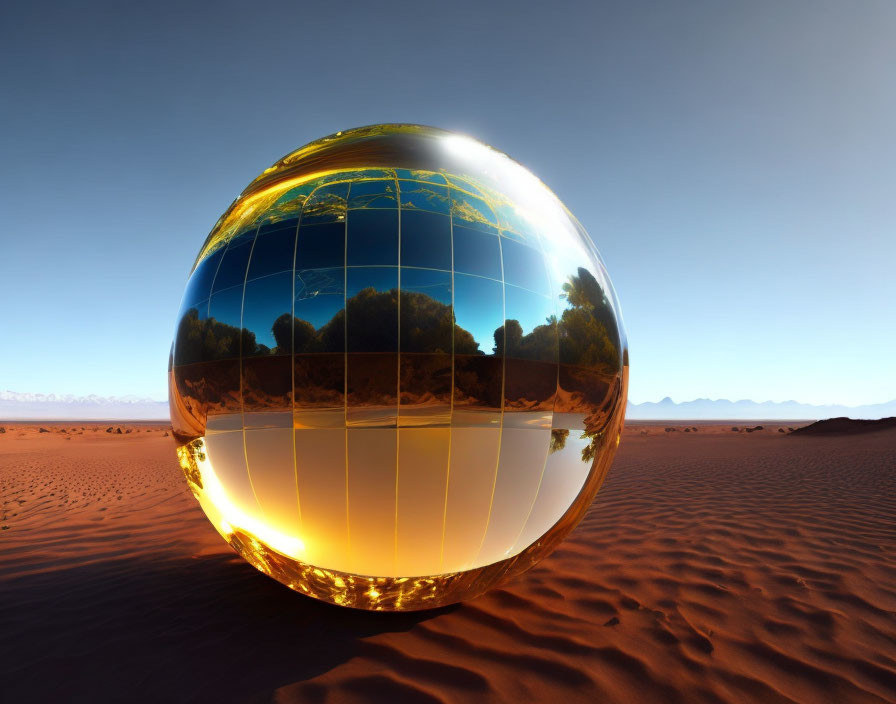 Spherical reflective object distorts desert landscape under clear blue sky
