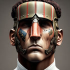 Futuristic warrior with metallic adornments and tribal facial patterns