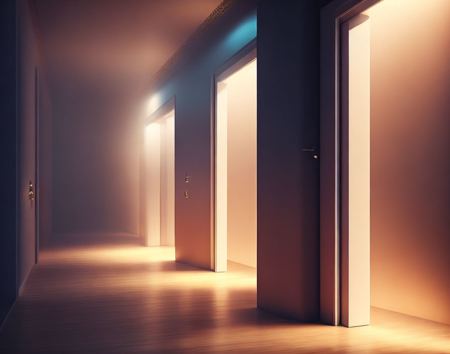 Dimly Lit Hallway with Open Doors Emitting Warm Glows