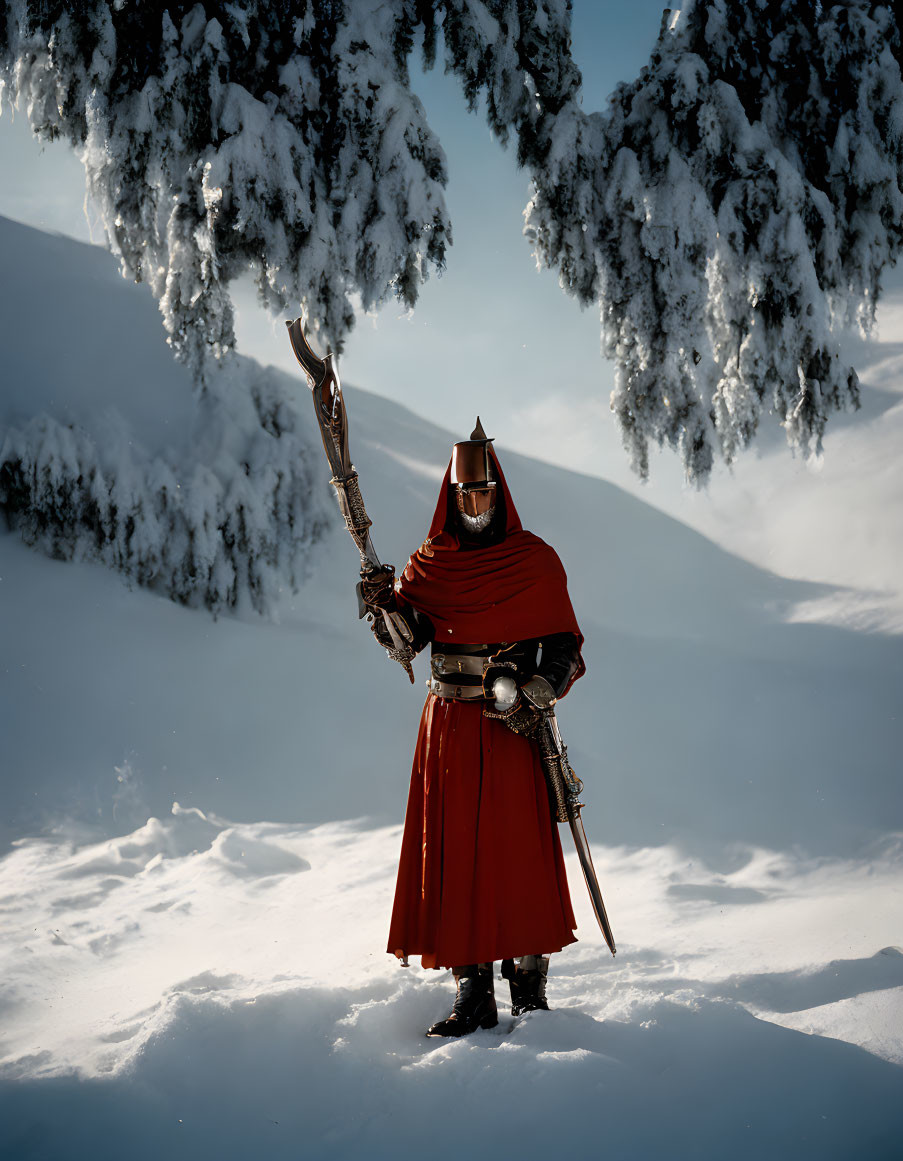 Person in red cloak with staff in snowy landscape surrounded by snow-covered trees