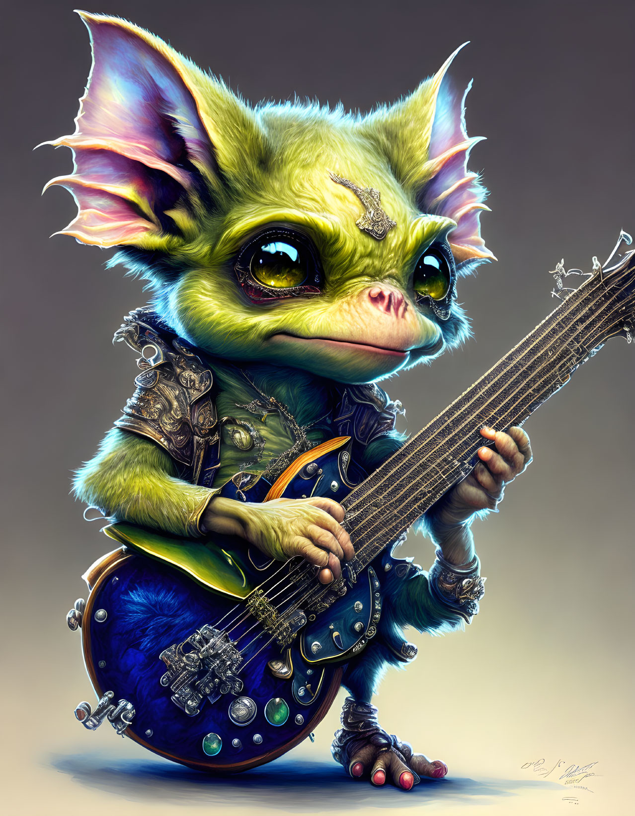 Fantasy creature with large ears playing electric guitar